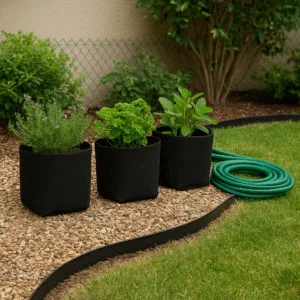 Macetas geotextiles, limitadores de césped y manguera de riego en jardín doméstico