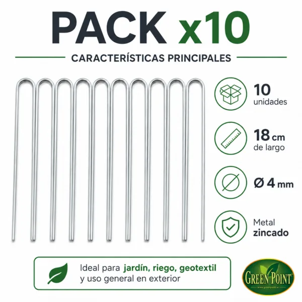 Pack x10 estacas U zincadas de 18 cm y 4 mm con características principales